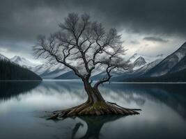 un solitario árbol soportes en el apuntalar de un lago con montañas en el antecedentes ai generado foto