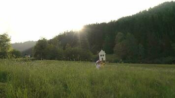 a girl and a boy holding a house cutout sitting in the grass on a hill video