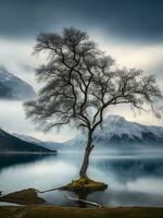 un solitario árbol soportes en el apuntalar de un lago con montañas en el antecedentes ai generado foto