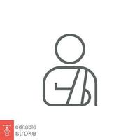 Injured man in bandage icon. Simple outline style. Broken arm, patient, person, wound, medical concept. Thin line symbol. Vector illustration isolated on white background. Editable stroke EPS 10.