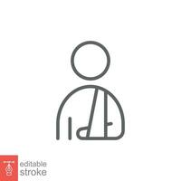 Injured man in bandage icon. Simple outline style. Broken arm, patient, person, wound, medical concept. Thin line symbol. Vector illustration isolated on white background. Editable stroke EPS 10.