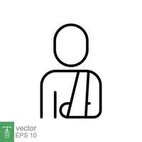 Injured man in bandage icon. Simple outline style. Broken arm, patient, injury, person, wound, medical concept. Thin line symbol. Vector illustration isolated on white background. EPS 10.