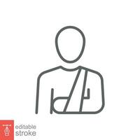 Injured man in bandage icon. Simple outline style. Broken arm, patient, person, wound, medical concept. Thin line symbol. Vector illustration isolated on white background. Editable stroke EPS 10.