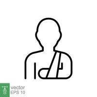 lesionado hombre en vendaje icono. sencillo contorno estilo. roto brazo, paciente, lesión, persona, herida, médico concepto. Delgado línea símbolo. vector ilustración aislado en blanco antecedentes. eps 10