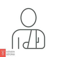 Injured man in bandage icon. Simple outline style. Broken arm, patient, person, wound, medical concept. Thin line symbol. Vector illustration isolated on white background. Editable stroke EPS 10.