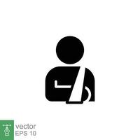 Injured man in bandage icon. Simple solid style. Broken arm, patient, injury, person, wound, medical concept. Black silhouette, glyph symbol. Vector illustration isolated on white background. EPS 10.