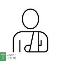 lesionado hombre en vendaje icono. sencillo contorno estilo. roto brazo, paciente, lesión, persona, herida, médico concepto. Delgado línea símbolo. vector ilustración aislado en blanco antecedentes. eps 10