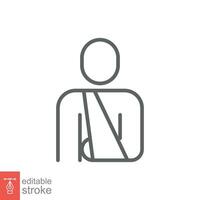 Injured man in bandage icon. Simple outline style. Broken arm, patient, person, wound, medical concept. Thin line symbol. Vector illustration isolated on white background. Editable stroke EPS 10.