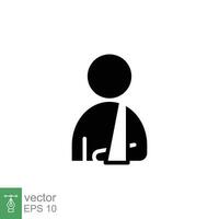 Injured man in bandage icon. Simple solid style. Broken arm, patient, injury, person, wound, medical concept. Black silhouette, glyph symbol. Vector illustration isolated on white background. EPS 10.