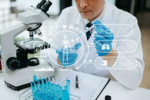 DNA molecule testing concepts. The doctor in a mask examines DNA molecules on the chemical laboratory with virtual icon photo