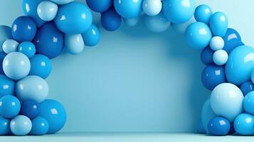 generativo ai, arco de azul globos cumpleaños fiesta para chico 3d fondo, ducha. Bosquejo, modelo para saludo tarjeta. foto