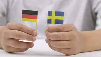 a child holding a small german and sweden flag on a toothpick video