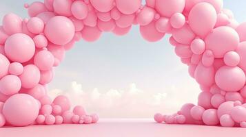 Generative AI, arch of pink balloons. Birthday party for girl 3d background, shower. Mockup, template for greetiing card photo