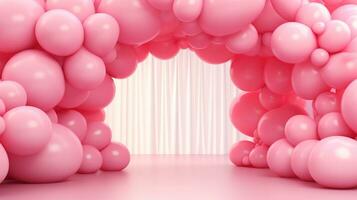 Generative AI, arch of pink balloons. Birthday party for girl 3d background, shower. Mockup, template for greetiing card photo