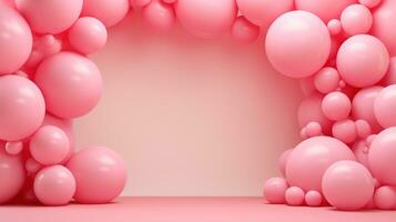 Generative AI, arch of pink balloons. Birthday party for girl 3d background, shower. Mockup, template for greetiing card photo