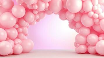 Generative AI, arch of pink balloons. Birthday party for girl 3d background, shower. Mockup, template for greetiing card photo