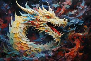 Generative AI, Dragon drawn fantasy illustration in impasto style. Symbol of New Year 2024, Chinese zodiac photo