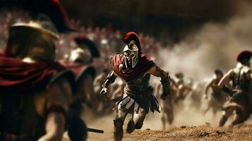 Generative AI, Realistic illustration of a fierce gladiator attacking, running. Armoured roman gladiator in combat wielding a sword charging towards his enemy. photo