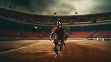 Generative AI, Realistic illustration of a fierce gladiator attacking, running. Armoured roman gladiator in combat wielding a sword charging towards his enemy. photo