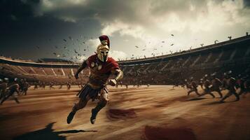 Generative AI, Realistic illustration of a fierce gladiator attacking, running. Armoured roman gladiator in combat wielding a sword charging towards his enemy. photo