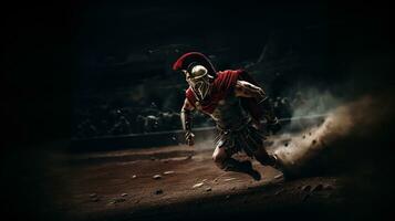 Generative AI, Realistic illustration of a fierce gladiator attacking, running. Armoured roman gladiator in combat wielding a sword charging towards his enemy. photo