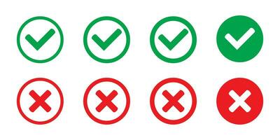 Set green approval check mark and red cross icons in circle and square, checklist signs, flat checkmark approval badge, isolated vector tick symbols.