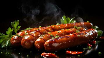 Generative AI, Grilled sausages on a plate, dark background, barbeque food photo