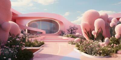 generativo ai, futurista lujo rosado casa rodeado por lozano verdor foto