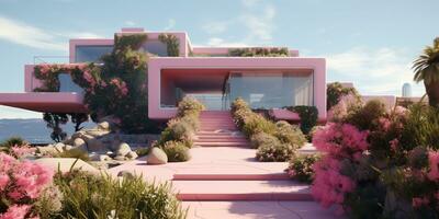 generativo ai, futurista lujo rosado casa rodeado por lozano verdor foto