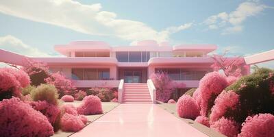 Generative AI, futuristic luxury pink house surrounded by lush greenery photo