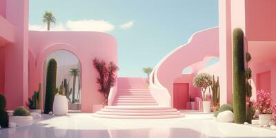 Generative AI, futuristic luxury pink house surrounded by lush greenery photo