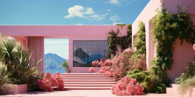 generativo ai, futurista lujo rosado casa rodeado por lozano verdor foto