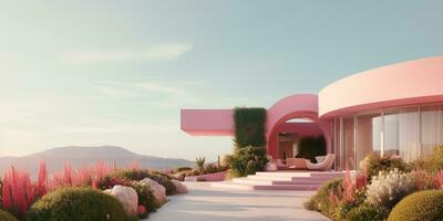 Generative AI, futuristic luxury pink house surrounded by lush greenery photo