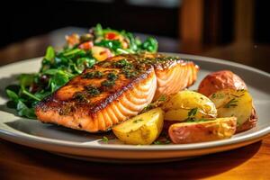 salmon steak accompanied by crispy fried potatoes and a refreshing vegetable salad, presented on a rustic wooden table. photo
