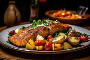 salmon steak accompanied by crispy fried potatoes and a refreshing vegetable salad, presented on a rustic wooden table. photo