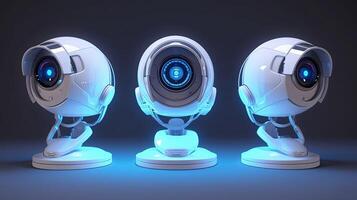 Collection of professional security cameras, crafted from white glossy material and adorned with mesmerizing hologram glowing accents. AI Generated photo