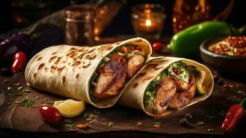 Deliciously hot and flavorful grilled chicken wrap roll with flying ingredients and spices, ready to be served and enjoyed. AI Generated photo