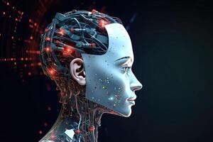 Artificial intelligence, a humanoid head with neural network thinks. AI robot, cyber girl with a digital brain is learning to process big data. photo