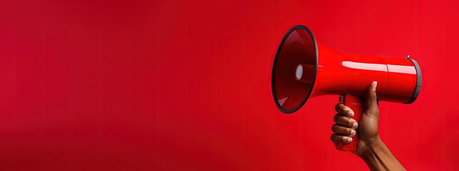 Generative AI, megaphone in hand on a empty red background, panoramic image with copy space photo