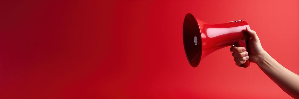 Generative AI, megaphone in hand on a empty red background, panoramic image with copy space photo