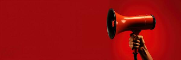 Generative AI, megaphone in hand on a empty red background, panoramic image with copy space photo