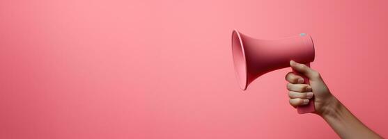 Generative AI, megaphone in hand on a empty pink background, panoramic image with copy space photo