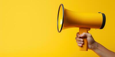 Generative AI, megaphone in hand on a empty yellow background, panoramic image with copy space photo