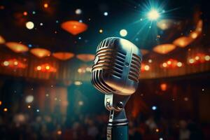 Generative AI, retro audio microphone on stage, blurred lights background photo