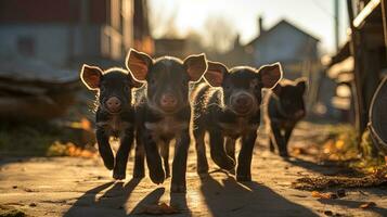 Generative AI, little pigs looking at the camera on a farm photo