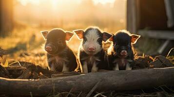 Generative AI, little pigs looking at the camera on a farm photo