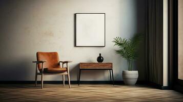 Generative AI, Poster frame mockup in beige and brown living room interior, wabi sabi minimalism style photo