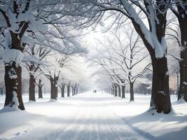 un Nevado camino en un parque con arboles ai generado foto