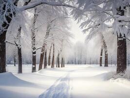 un Nevado camino en un parque con arboles ai generado foto