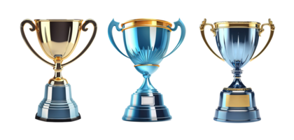 Generative AI, PNG Winner trophy, set of blue golden champion cups